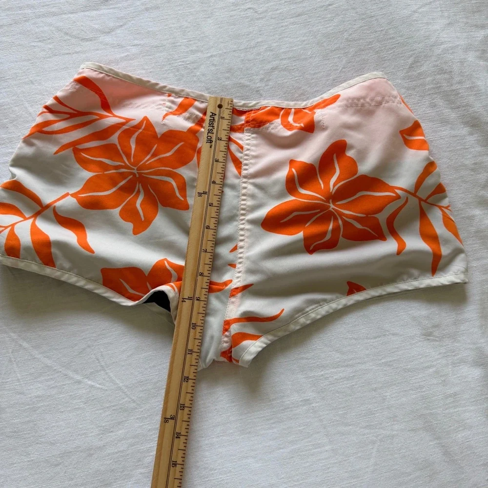 Y2K Reversible Board Shorts Women Orange White Hibiscus Floral Navy Colorblock
